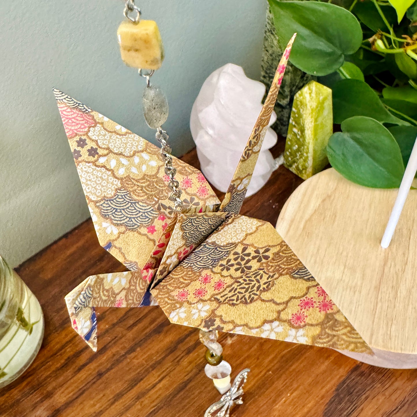 Origami Ornament #2188 - Large Crane with Butterfly Pendant