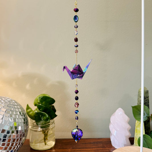 Origami Ornament #2212 - Medium Crane with Glass Beads and Art Glass Pendant