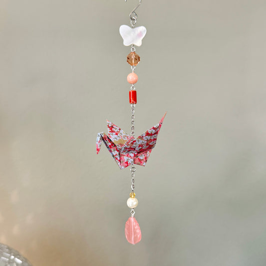 Origami Ornament #2456 - Medium Crane with Repurposed Beads