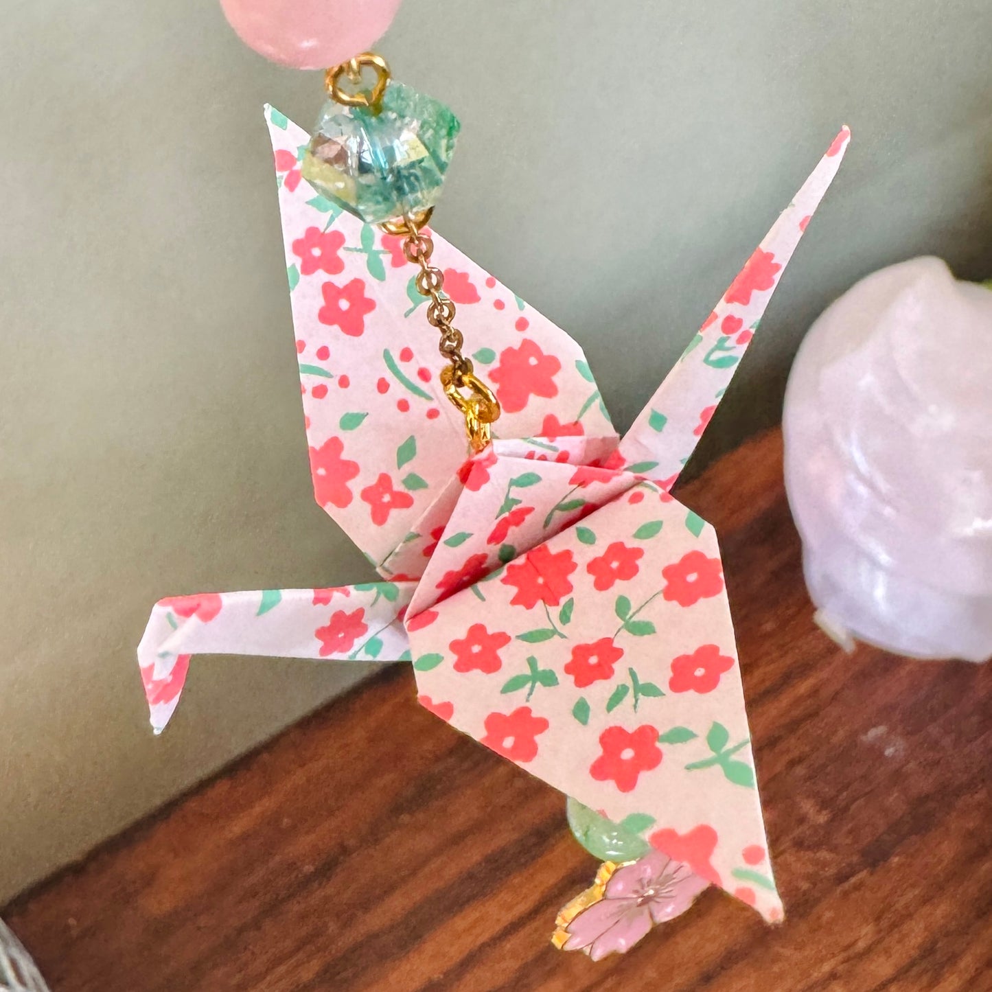 Origami Ornament #2447 - Small Crane with Cherry Blossom Charm