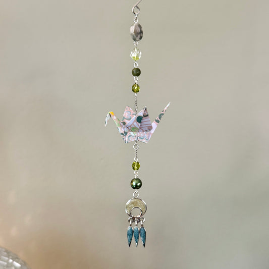 Origami Ornament #2449 - Small Crane with Repurposed Jewelry