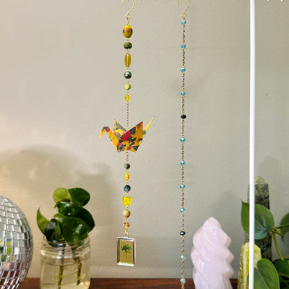 Origami Ornament #2183 - Medium Crane with Pressed Flower Pendant