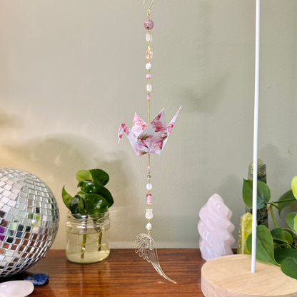 Origami Ornament #2189 - Large Crane with Angel Wing Pendant