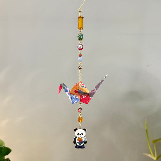 Origami Ornament #2380 - Medium Crane with Cloissone Panda Pendant