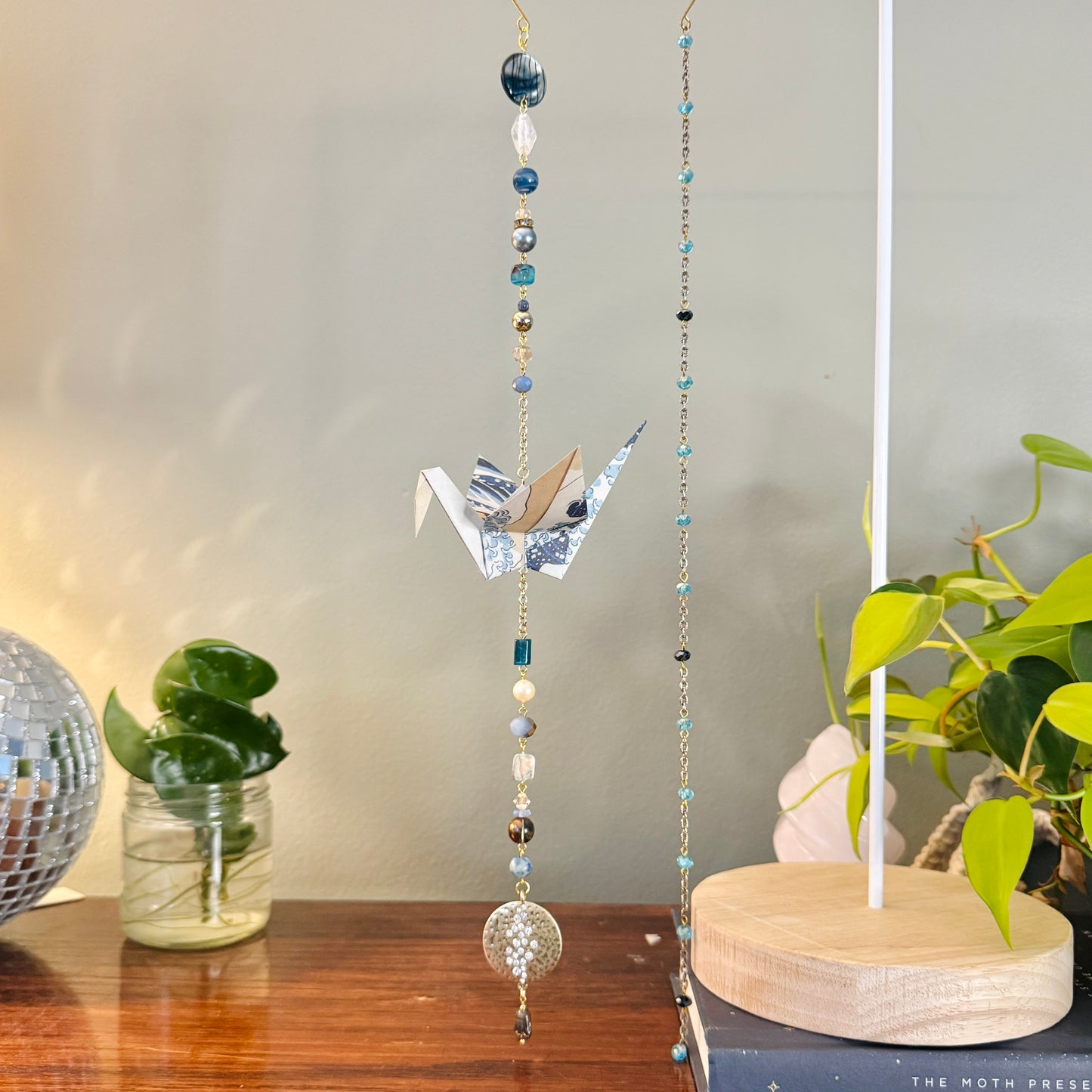 Origami Ornament #2383 - Large Crane with Repurposed Pendant