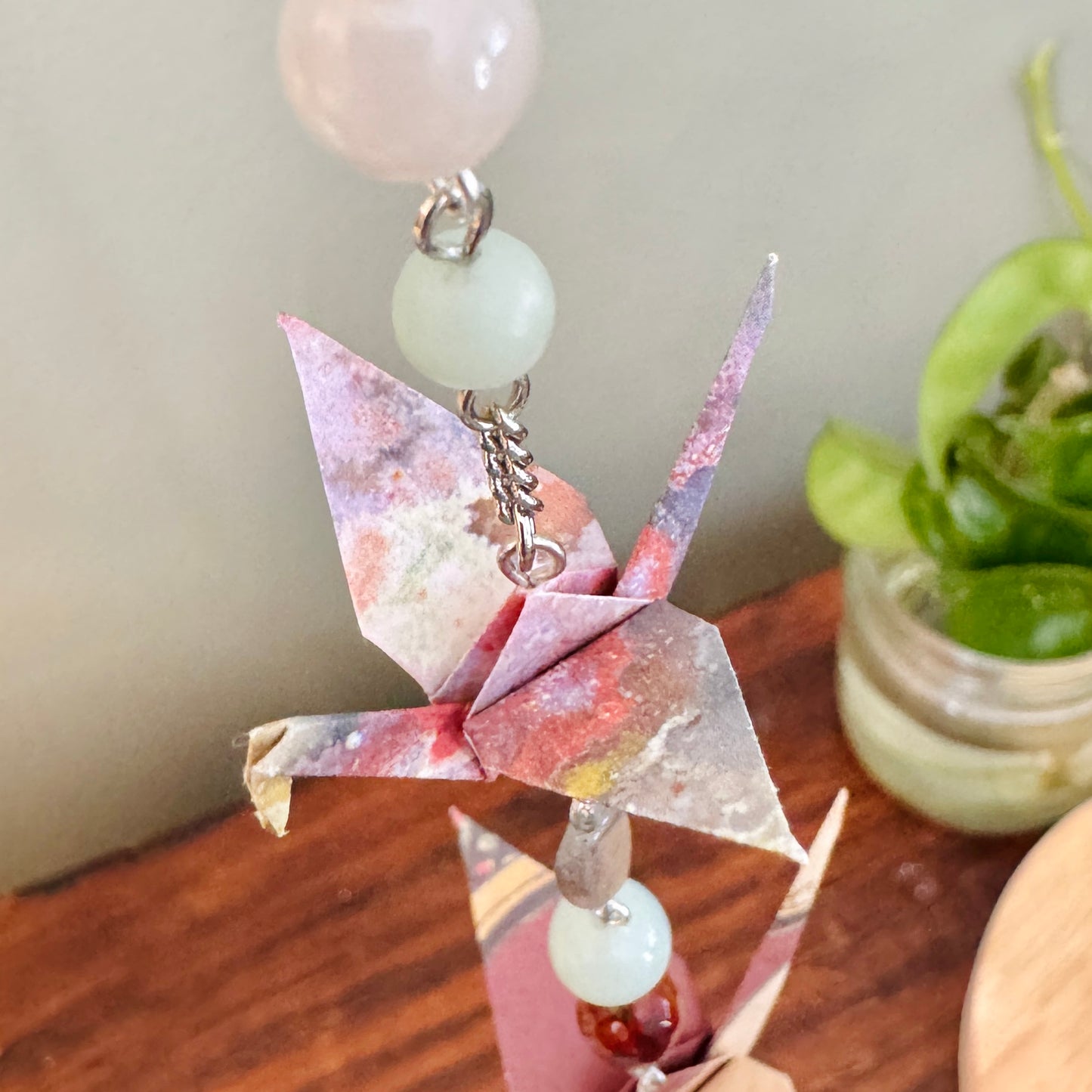 Origami Ornament #2422 - Double Mini/Small Crane with Stone Beads