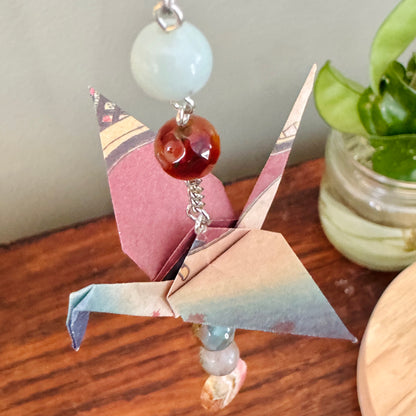Origami Ornament #2422 - Double Mini/Small Crane with Stone Beads