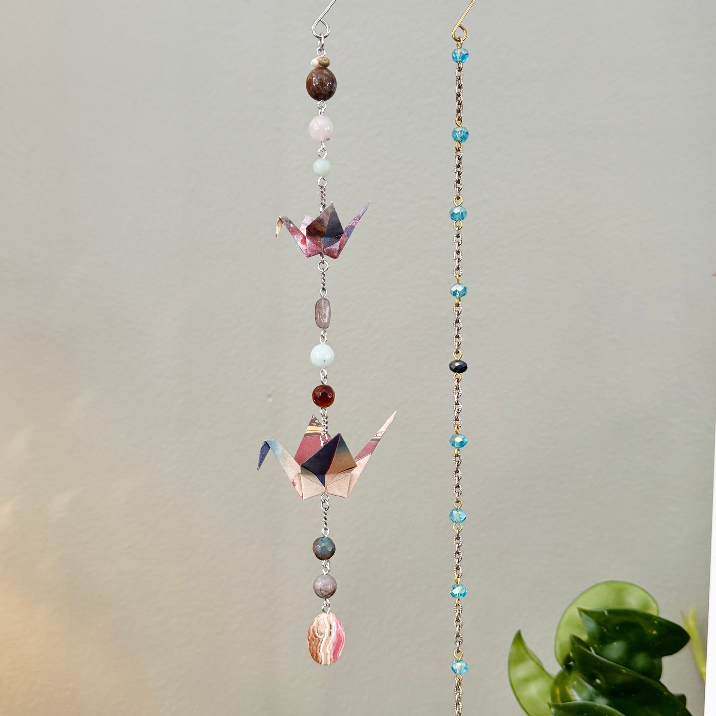 Origami Ornament #2422 - Double Mini/Small Crane with Stone Beads