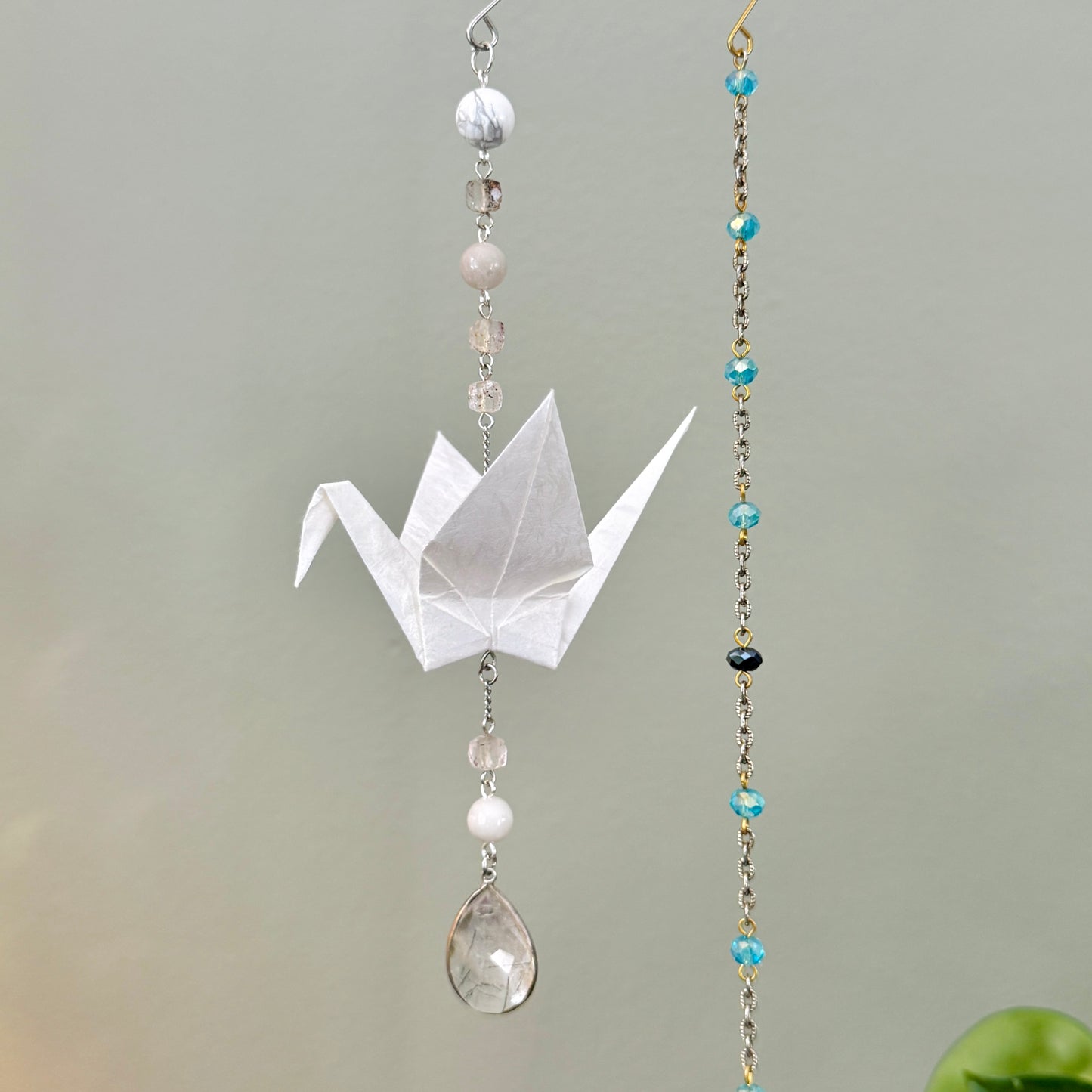 Origami Ornament #2423 - Medium Crane with Repurposed Stone Beads
