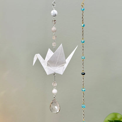 Origami Ornament #2423 - Medium Crane with Repurposed Stone Beads