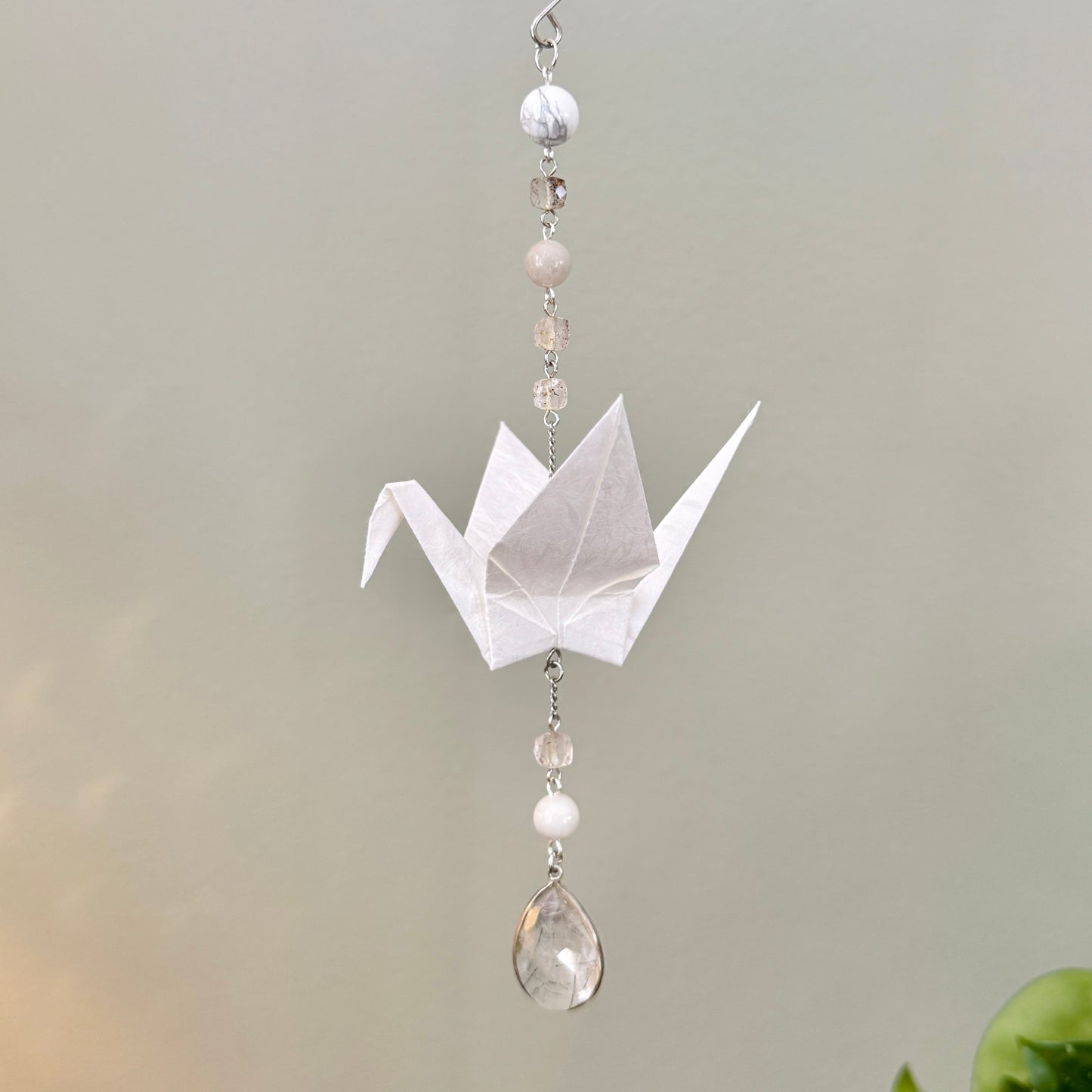 Origami Ornament #2423 - Medium Crane with Repurposed Stone Beads