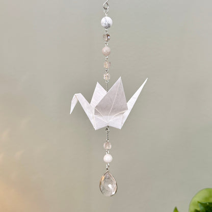 Origami Ornament #2423 - Medium Crane with Repurposed Stone Beads
