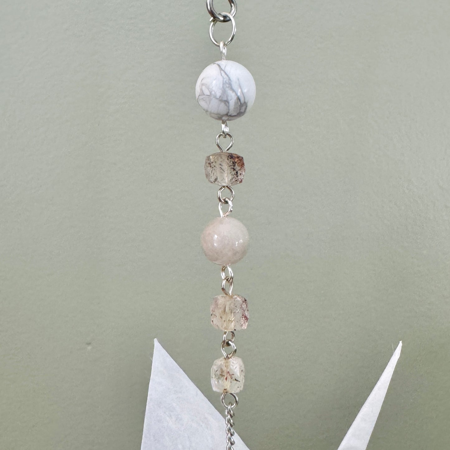 Origami Ornament #2423 - Medium Crane with Repurposed Stone Beads
