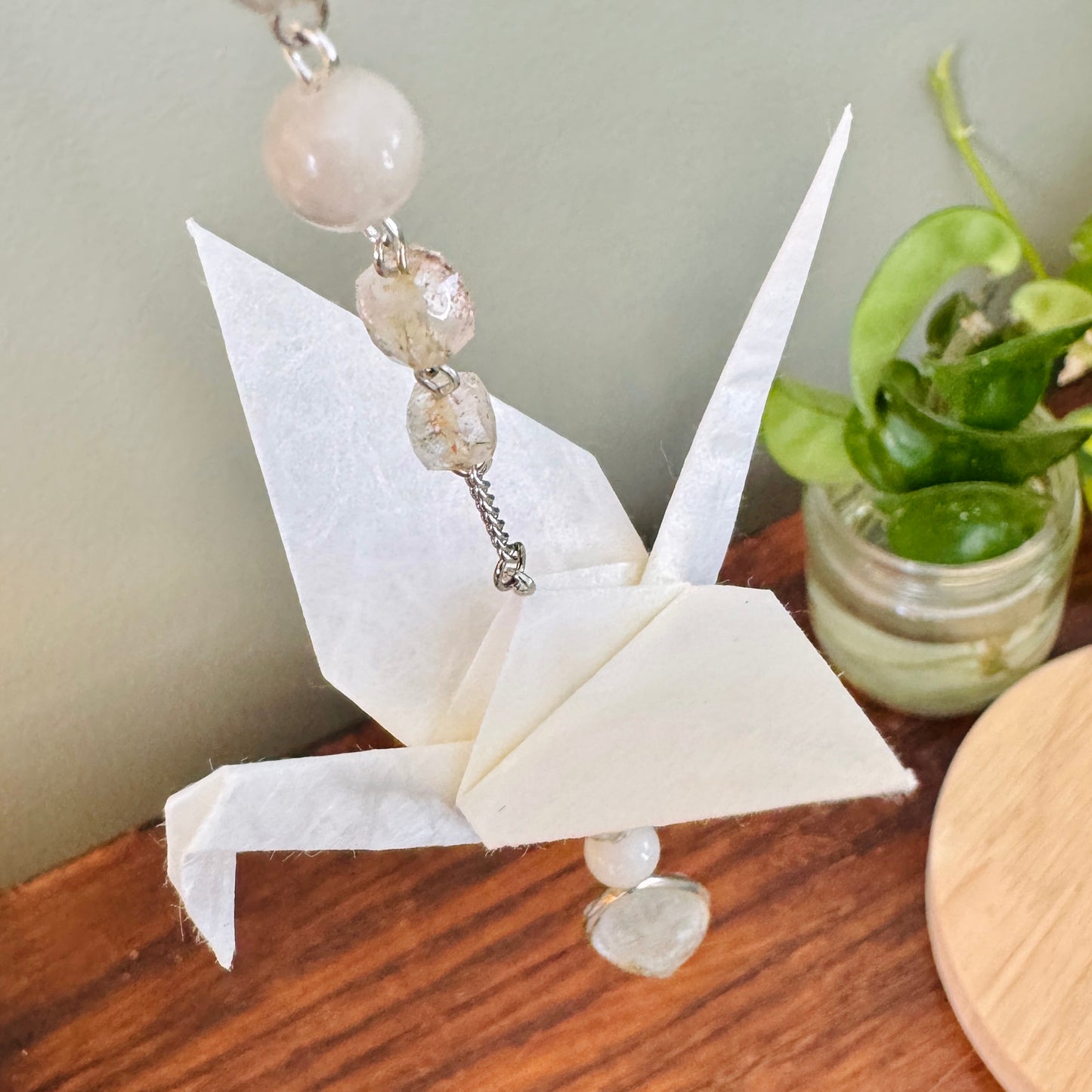Origami Ornament #2423 - Medium Crane with Repurposed Stone Beads