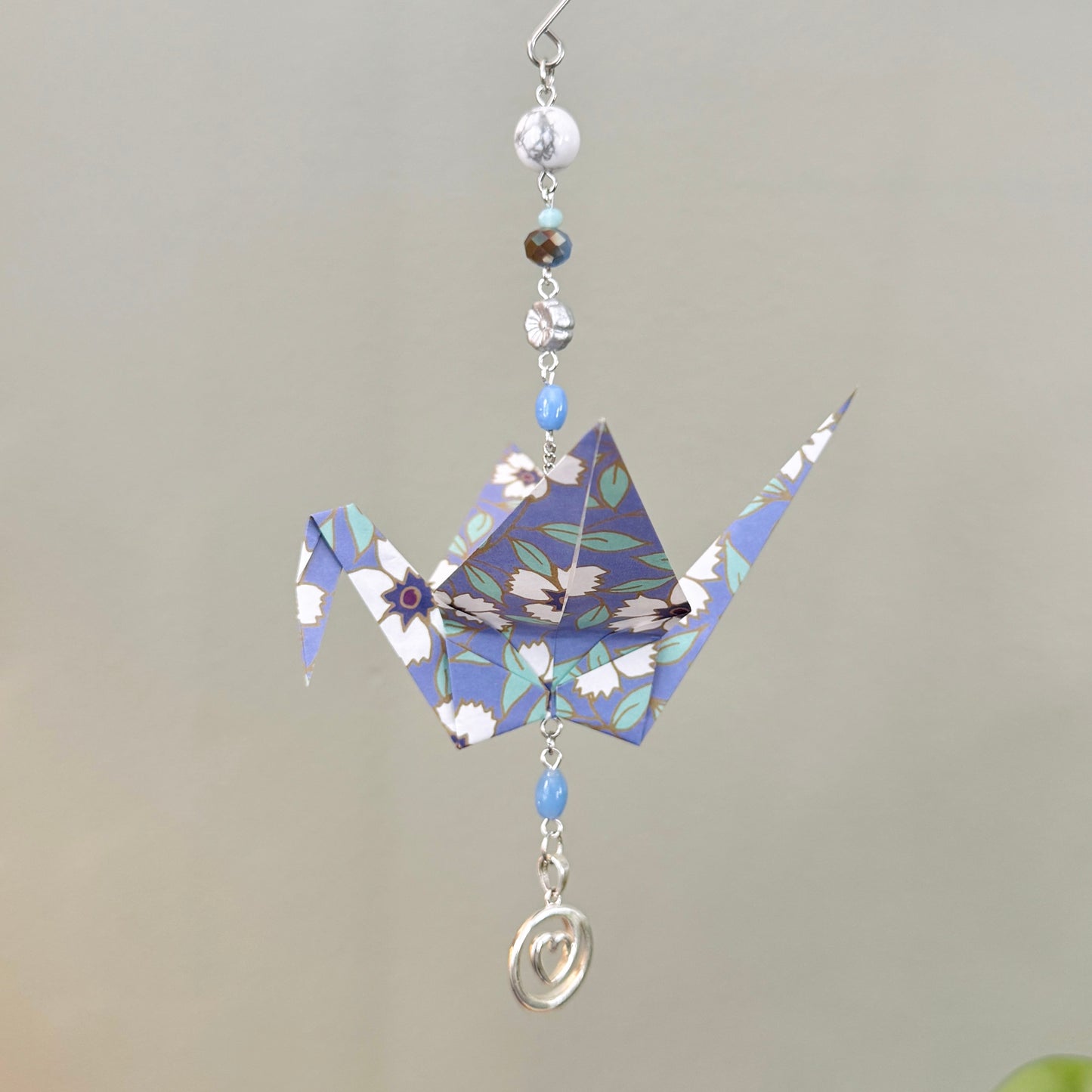 Origami Ornament #2424 - Large Crane with Repurposed Heart Charm