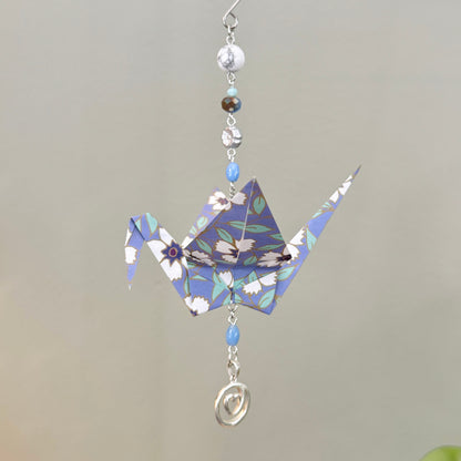 Origami Ornament #2424 - Large Crane with Repurposed Heart Charm