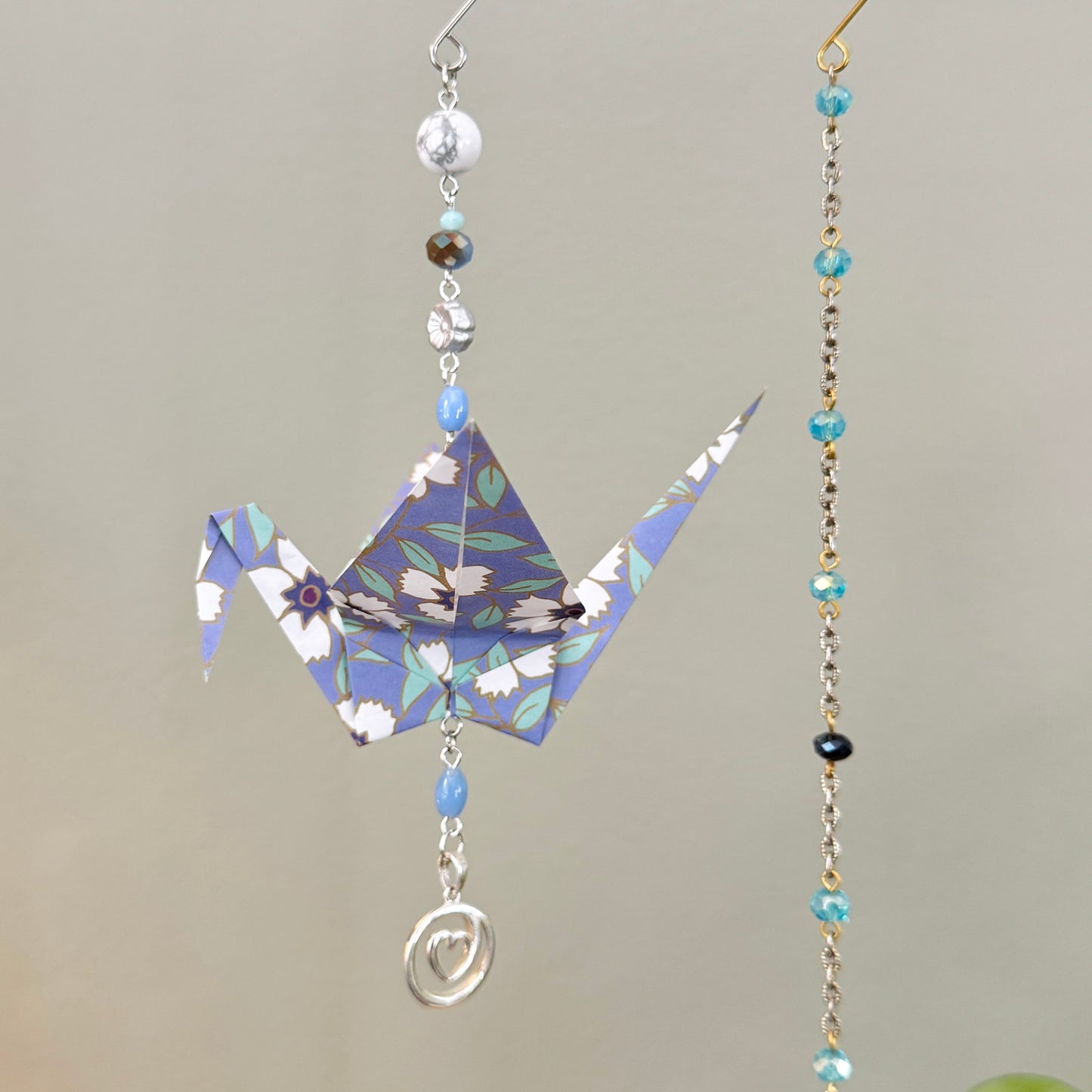 Origami Ornament #2424 - Large Crane with Repurposed Heart Charm