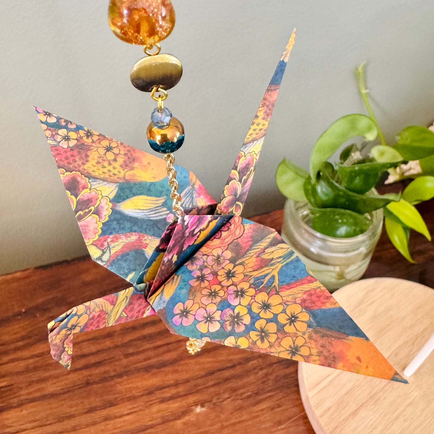 Origami Ornament #2428 - Large Crane with Repurposed Beads