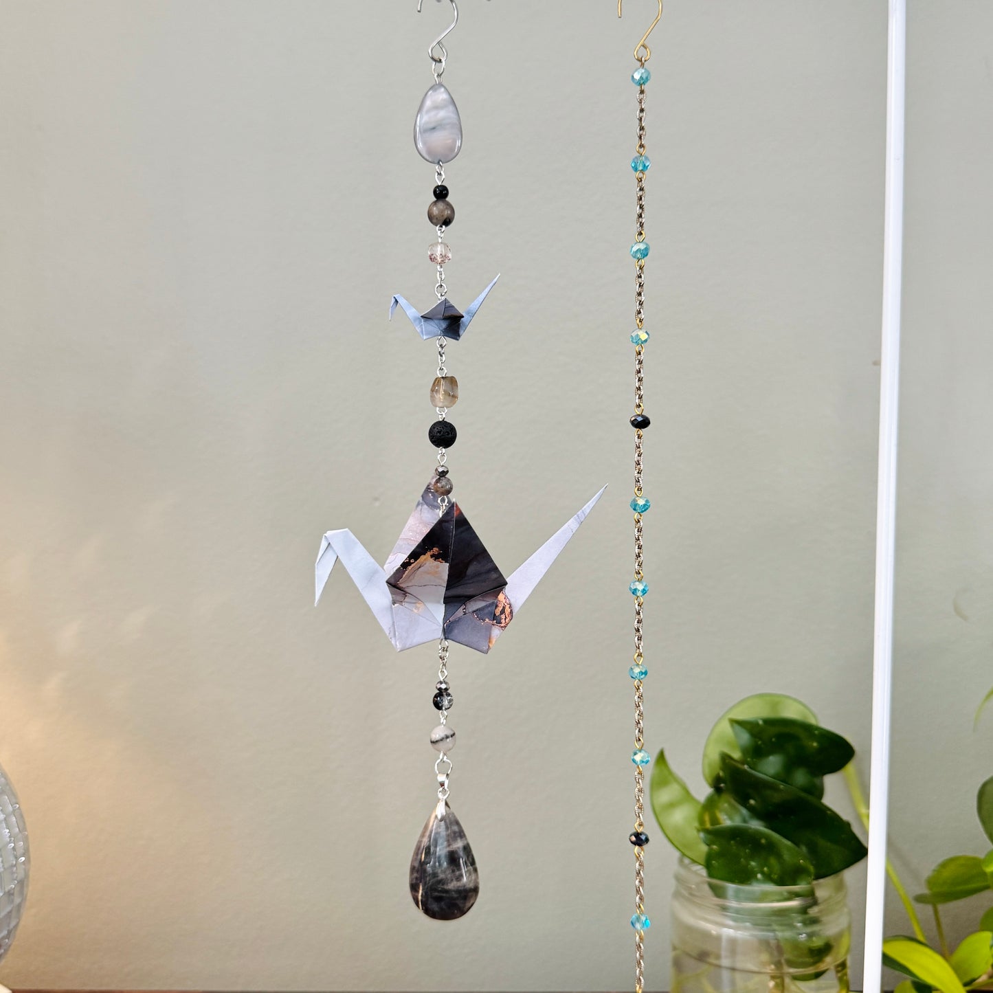 Origami Ornament #2429 - Double Mini/Large Crane with Stone Pendant