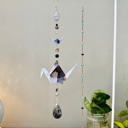 Origami Ornament #2429 - Double Mini/Large Crane with Stone Pendant