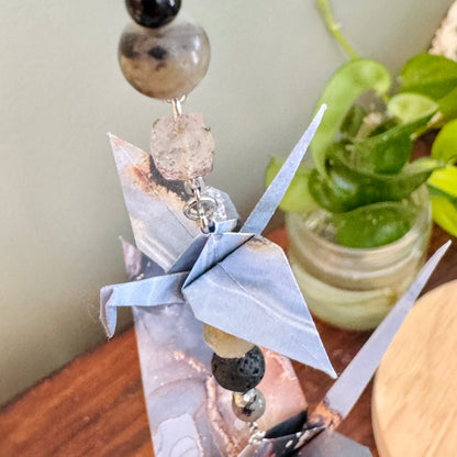 Origami Ornament #2429 - Double Mini/Large Crane with Stone Pendant