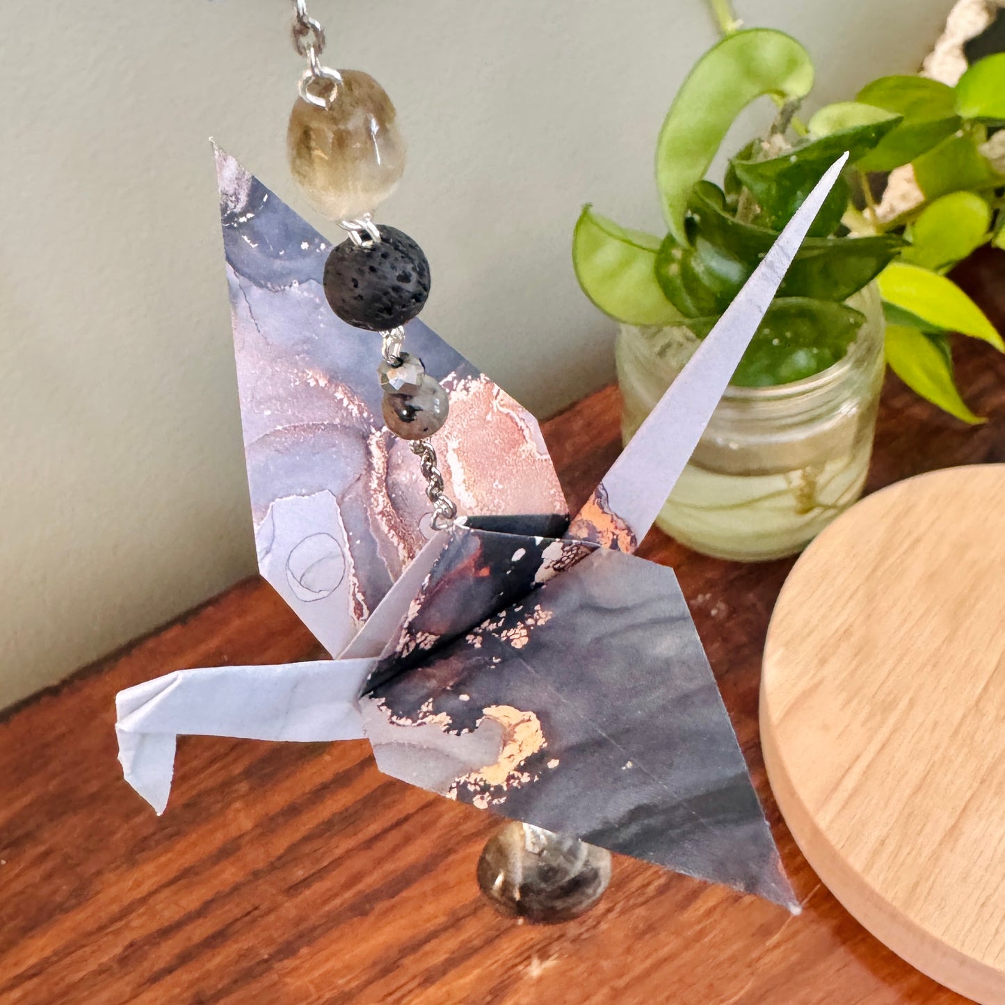 Origami Ornament #2429 - Double Mini/Large Crane with Stone Pendant