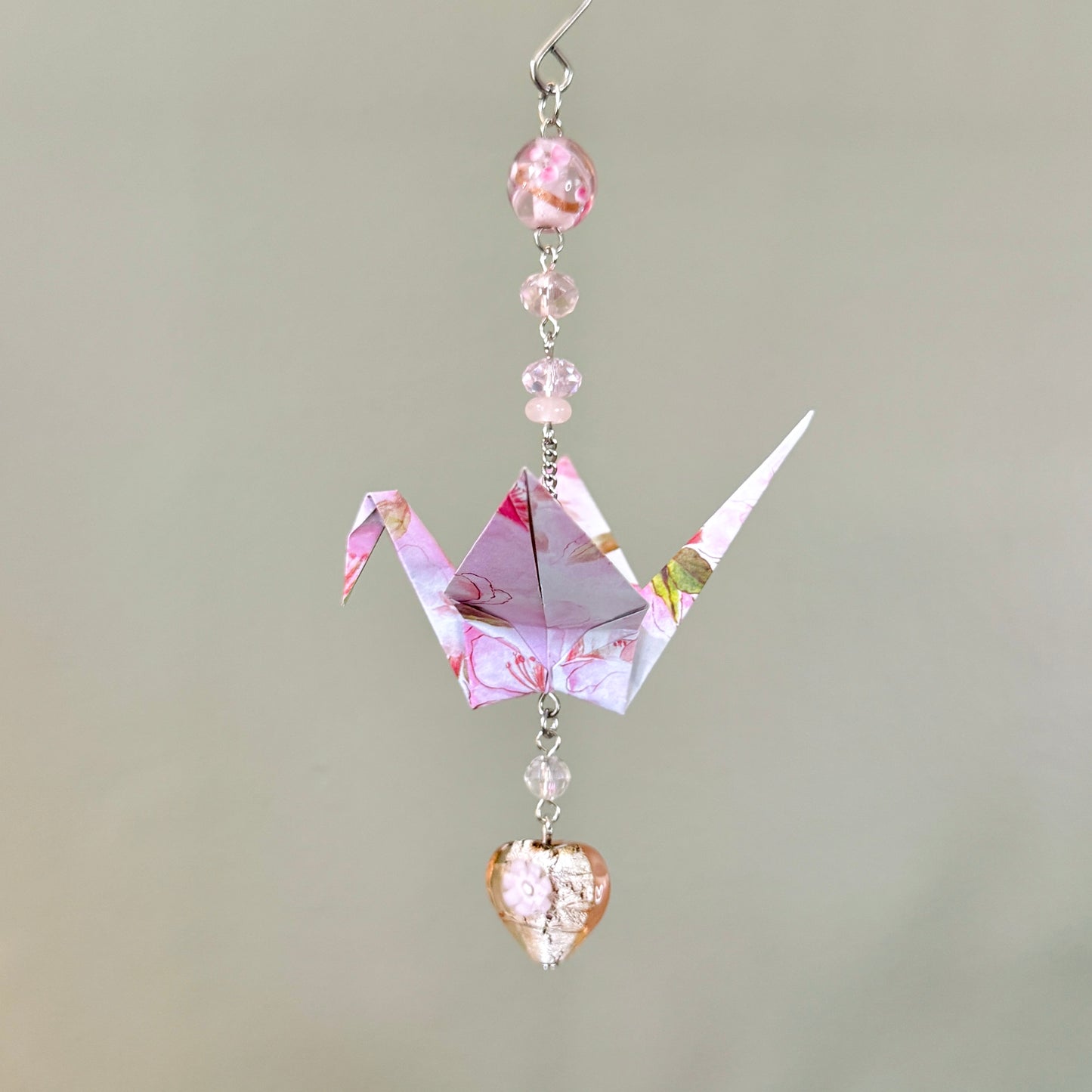 Origami Ornament #2433 - Medium Crane with Glass Heart Bead