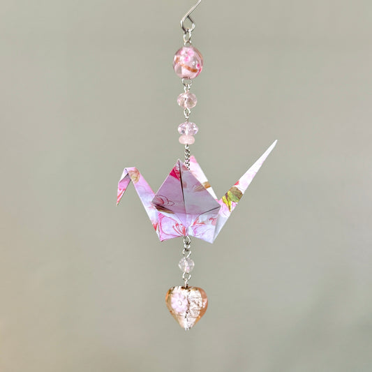 Origami Ornament #2433 - Medium Crane with Glass Heart Bead