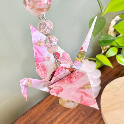 Origami Ornament #2433 - Medium Crane with Glass Heart Bead