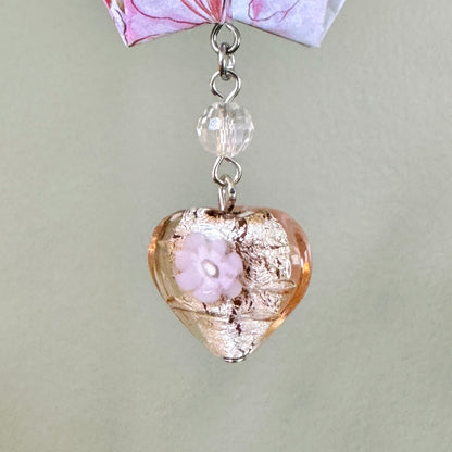 Origami Ornament #2433 - Medium Crane with Glass Heart Bead