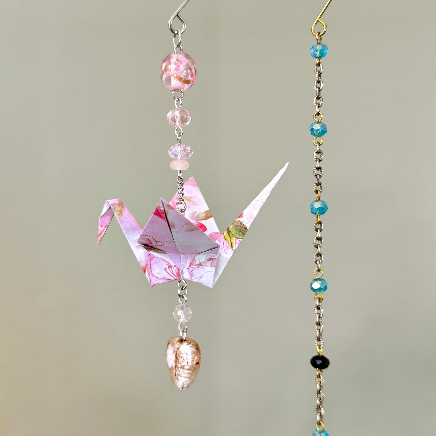 Origami Ornament #2433 - Medium Crane with Glass Heart Bead