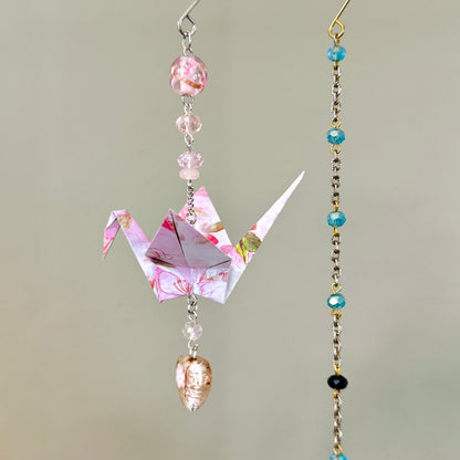 Origami Ornament #2433 - Medium Crane with Glass Heart Bead