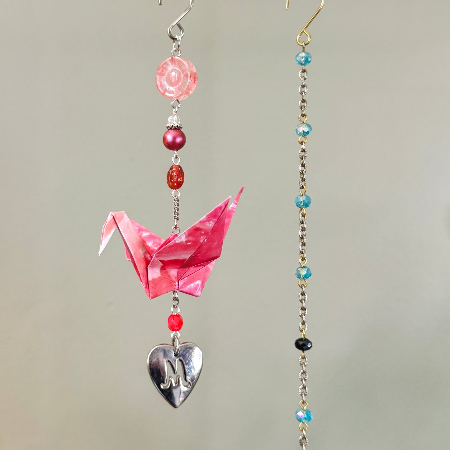 Origami Ornament #2436 - Medium Crane with Letter M Heart Pendant