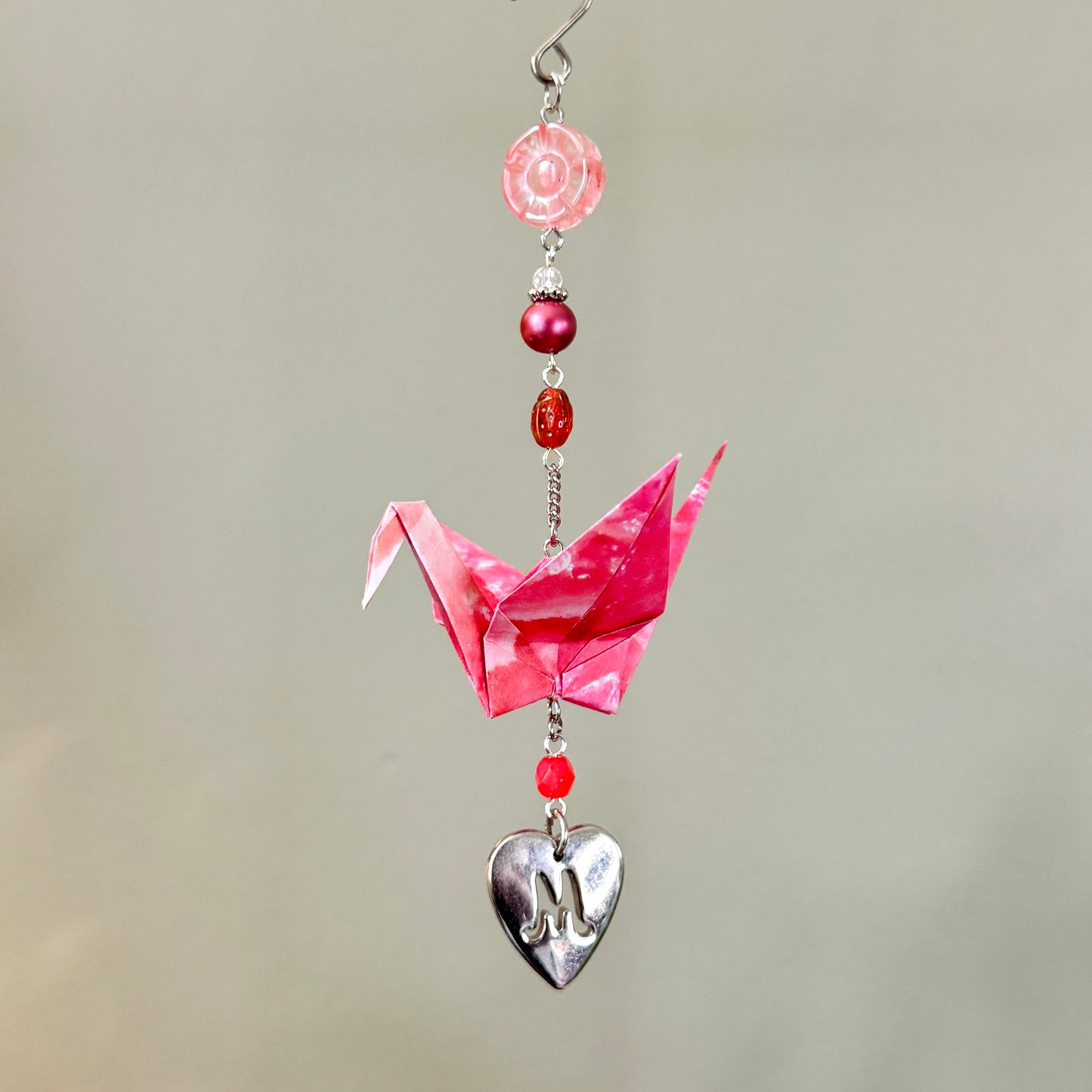 Origami Ornament #2436 - Medium Crane with Letter M Heart Pendant