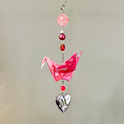 Origami Ornament #2436 - Medium Crane with Letter M Heart Pendant
