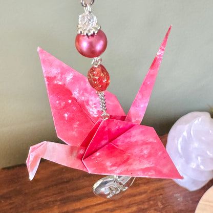Origami Ornament #2436 - Medium Crane with Letter M Heart Pendant