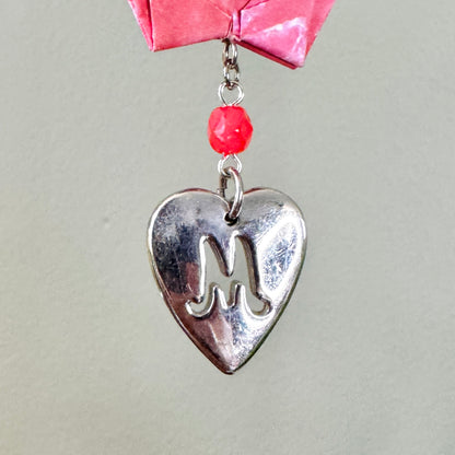 Origami Ornament #2436 - Medium Crane with Letter M Heart Pendant