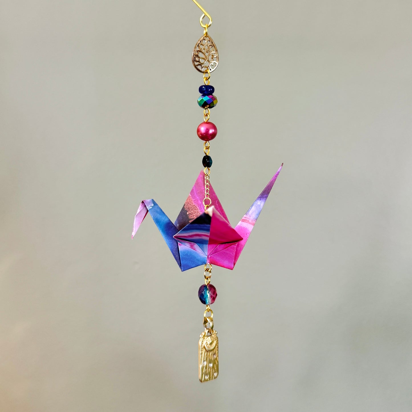 Origami Ornament #2437 - Medium Crane with Repurposed Jewelry