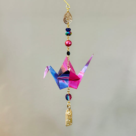 Origami Ornament #2437 - Medium Crane with Repurposed Jewelry