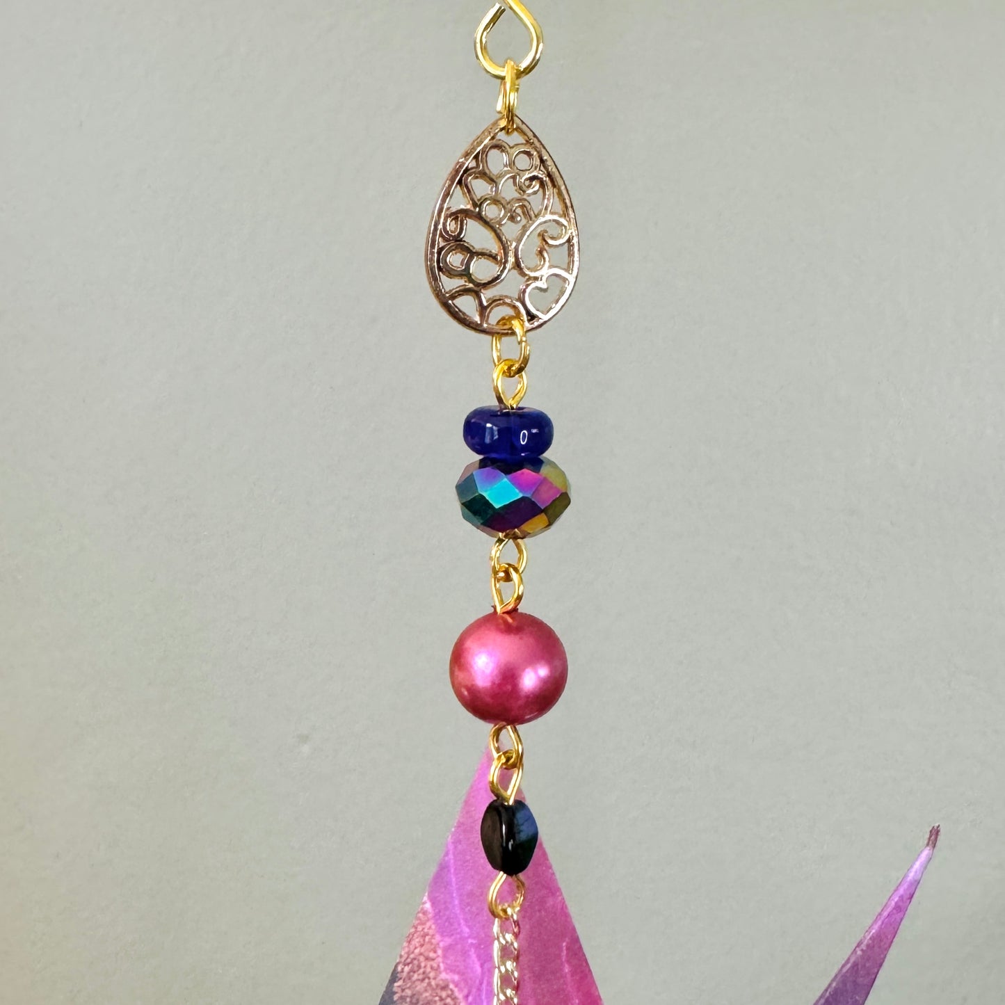 Origami Ornament #2437 - Medium Crane with Repurposed Jewelry