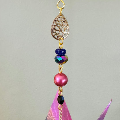 Origami Ornament #2437 - Medium Crane with Repurposed Jewelry