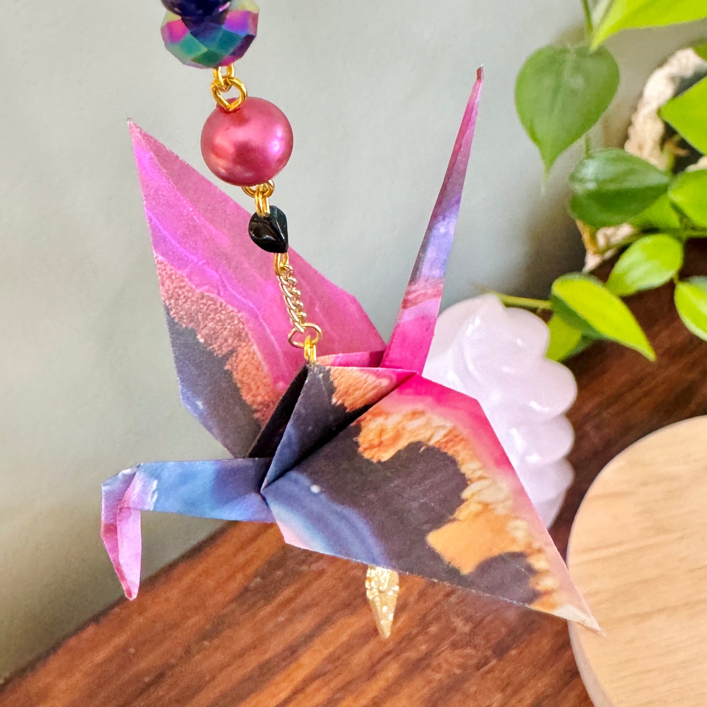Origami Ornament #2437 - Medium Crane with Repurposed Jewelry