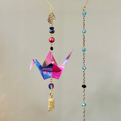 Origami Ornament #2437 - Medium Crane with Repurposed Jewelry