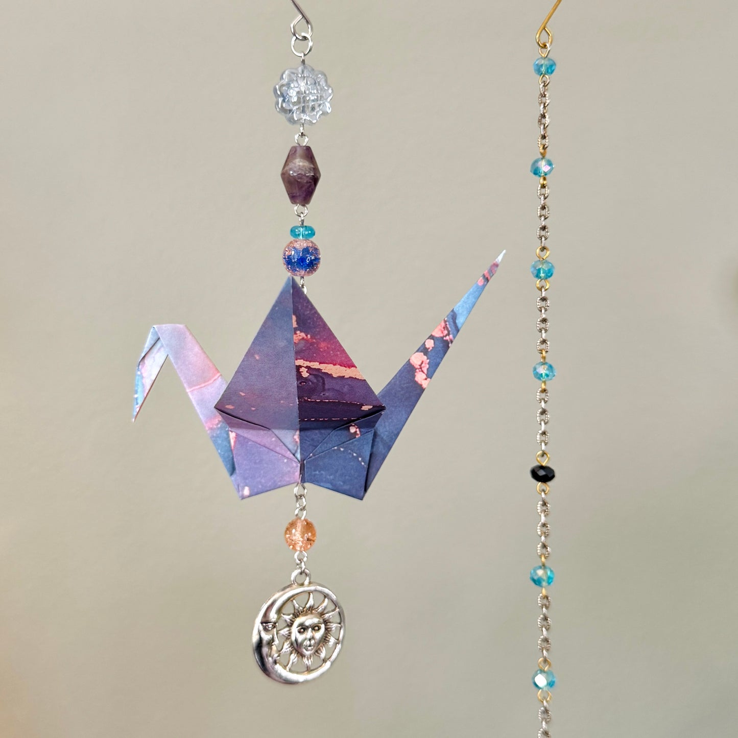 Origami Ornament #2438 - Large Crane with Sun and Moon Charm