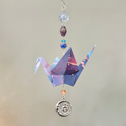 Origami Ornament #2438 - Large Crane with Sun and Moon Charm