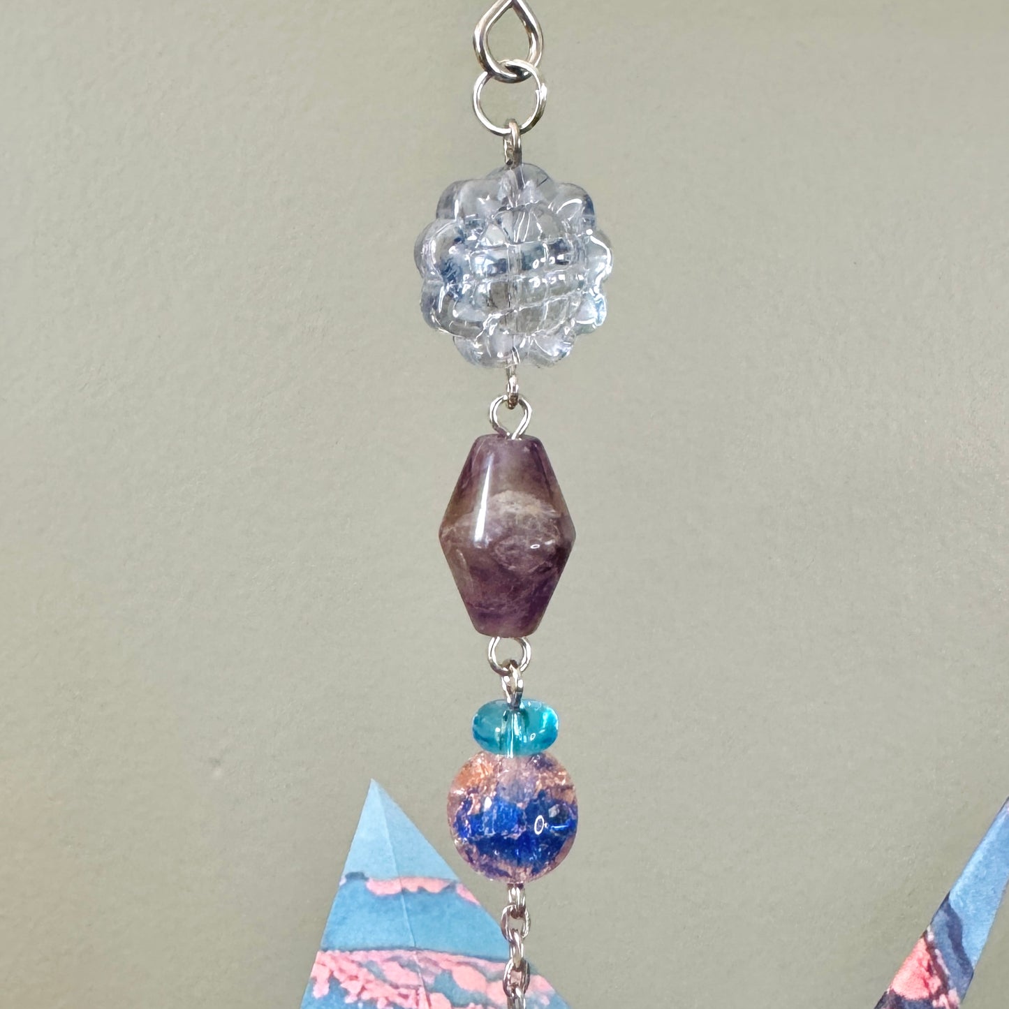 Origami Ornament #2438 - Large Crane with Sun and Moon Charm