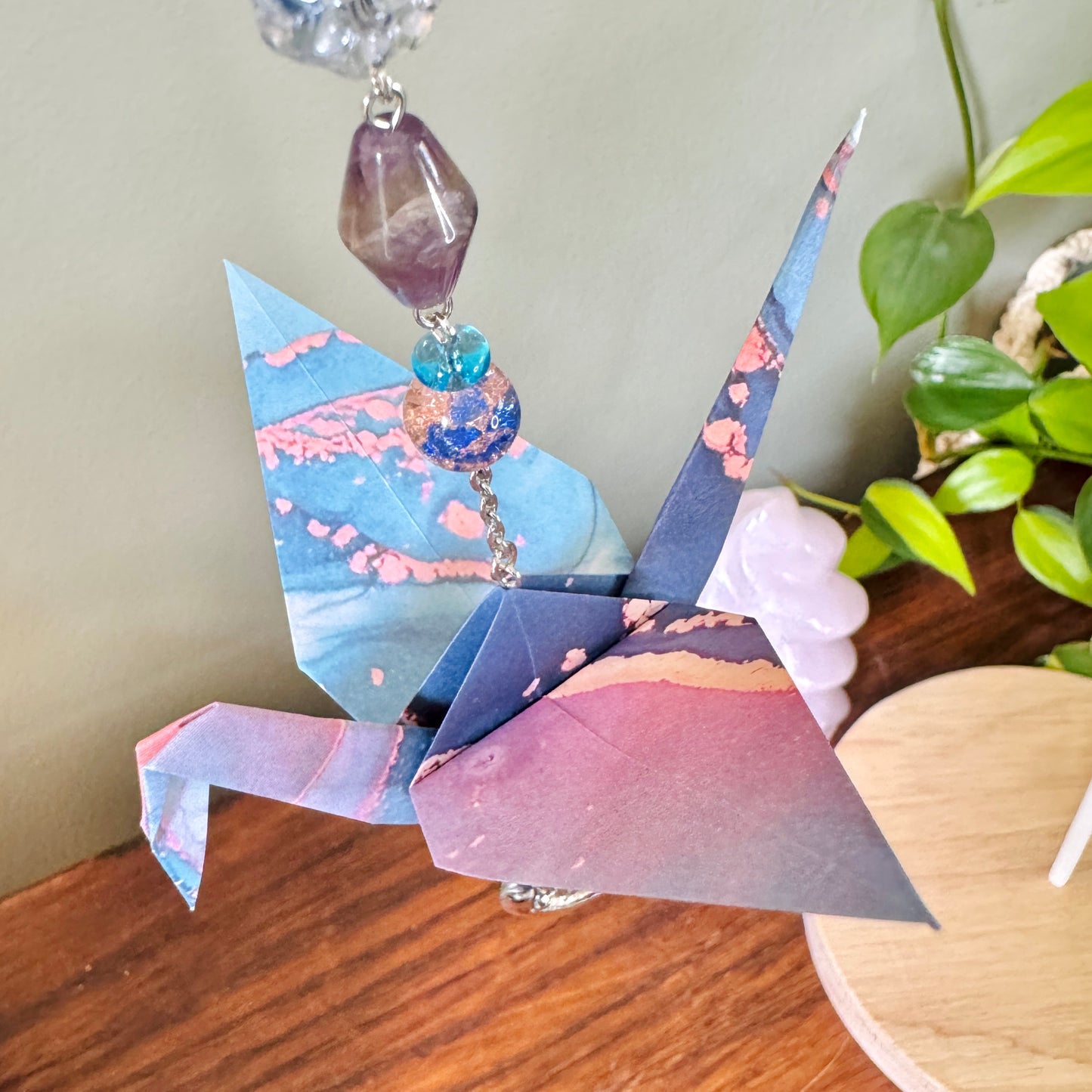 Origami Ornament #2438 - Large Crane with Sun and Moon Charm