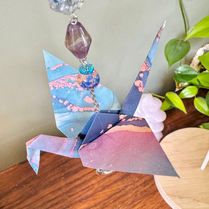 Origami Ornament #2438 - Large Crane with Sun and Moon Charm