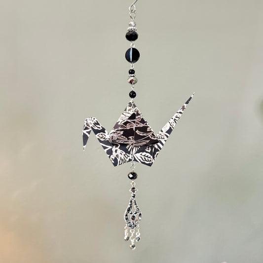 Origami Ornament #2439 - Large Crane with Repurposed Jewelry