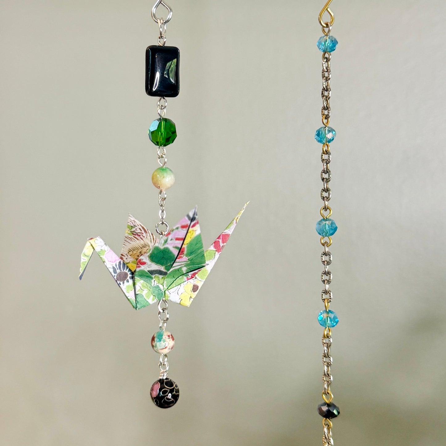 Origami Ornament #2464 - Small Crane with Glass and Stone Beads